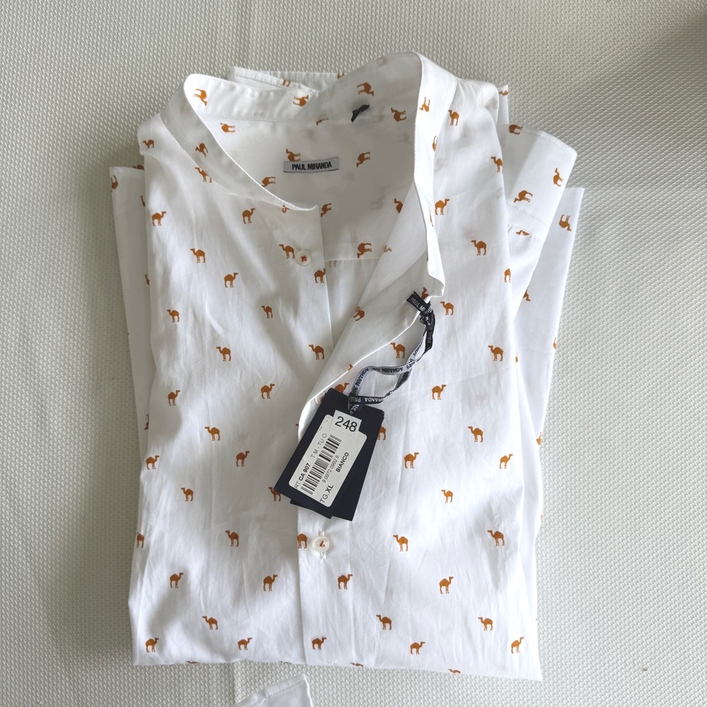 Paul Miranda White Cotton Button Down Shirt with Orange Camel Print